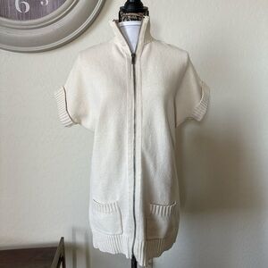 Generra Cream cotton Knit Zip-Up short sleeves Sweater cardigan with pockets M
